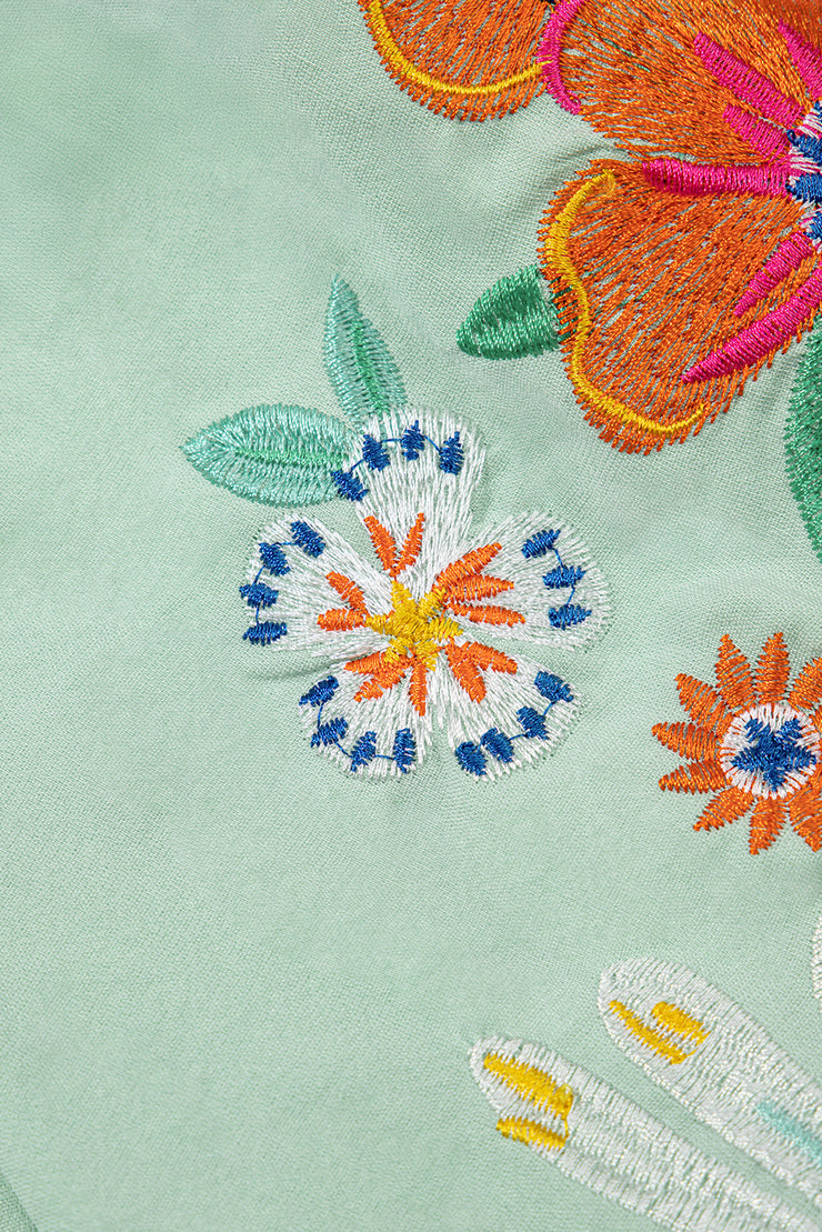 Clearly Aqua Floral Embroidered Puff Sleeve Split Neck Blouse