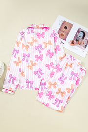 Pink Striped Bow Print Contrast Piping Trim Shirt and Pants 2pcs Pajama Set