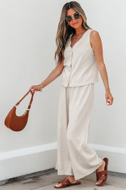 Apricot Buttoned V Neck Tank Top and Wide Leg Pants Casual Outfit