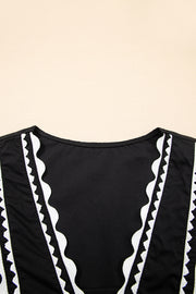 Black Contrast Ricrac Trim Ruffled V Neck Peplum Top