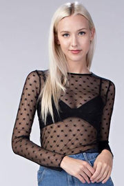 Black Star Print Mesh Sheer Slim Long Sleeve Top