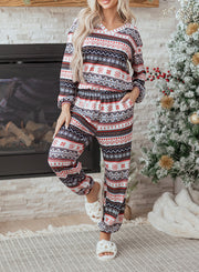 Black Retro Christmas Pattern Loose Pullover 2pcs Lounge Pant Set