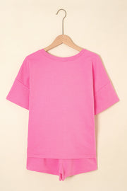 Bonbon V Neck Drop Shoulder Tee and Patchwork Drawstring Elastic Waistband Shorts Set