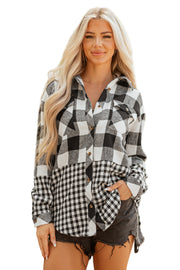Black Double Plaid Patchwork Drawstring Hooded Shacket