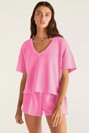 Bonbon V Neck Drop Shoulder Tee and Patchwork Drawstring Elastic Waistband Shorts Set