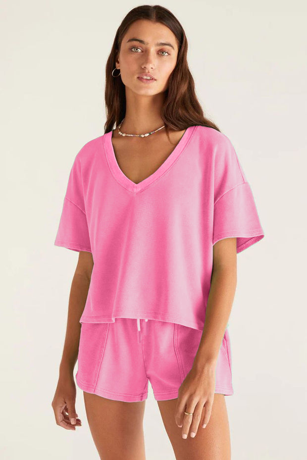 Bonbon V Neck Drop Shoulder Tee and Patchwork Drawstring Elastic Waistband Shorts Set