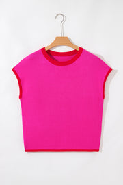 Rose Red Contrast Trim Round Neck Short Sleeve Loose Knit Sweater