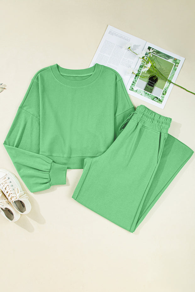 Bright Green Drop Shoulder Puff Sleeve Crop Pullover Drawstring Wide Leg Pants Set
