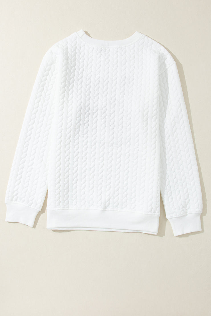 White LOVE Chenille Embroidered Cable Knit Pullover Sweatshirt