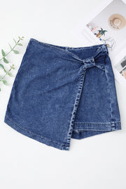 Sail Blue Acid Wash Asymmetric Twisted Wrapped Zipped Denim Skort