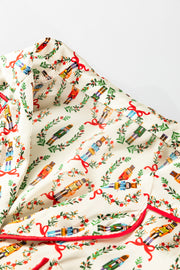 Beige Nutcracker Print Contrast Trim Tied up Bow Silky 2pcs Pajama Set