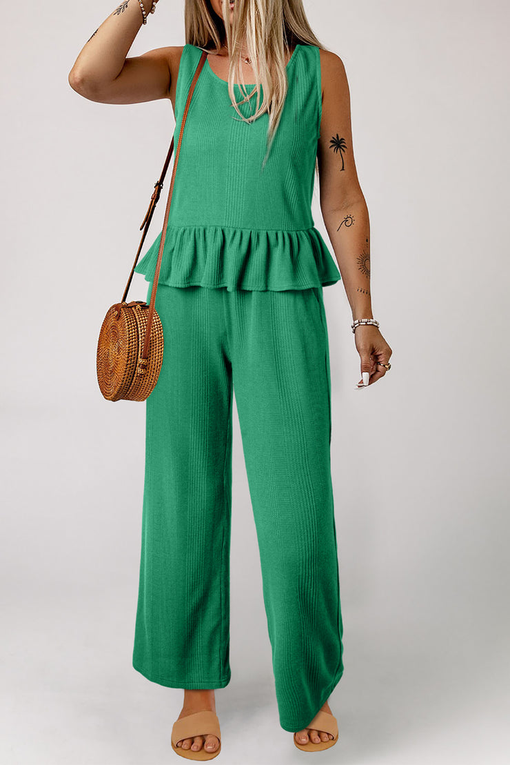 Green Solid Color Ribbed Ruffle Tank Top and Pants Set