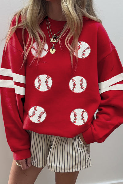 Fiery Red Sequin Baseball Patched Oversized Varsity Sweatshirt