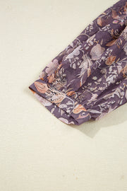 Blue Boho Flower Print 3/4 Sleeve Babydoll Blouse