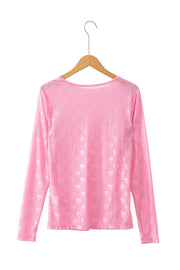 Pink Mesh Bow Pattern Long Sleeve Top