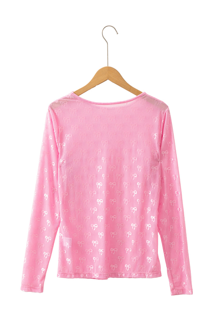 Pink Mesh Bow Pattern Long Sleeve Top