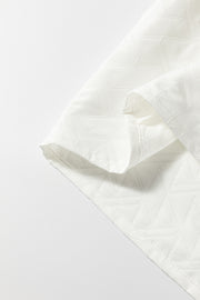 White Geometric Textured Short Sleeve Frilly V Neck Blouse