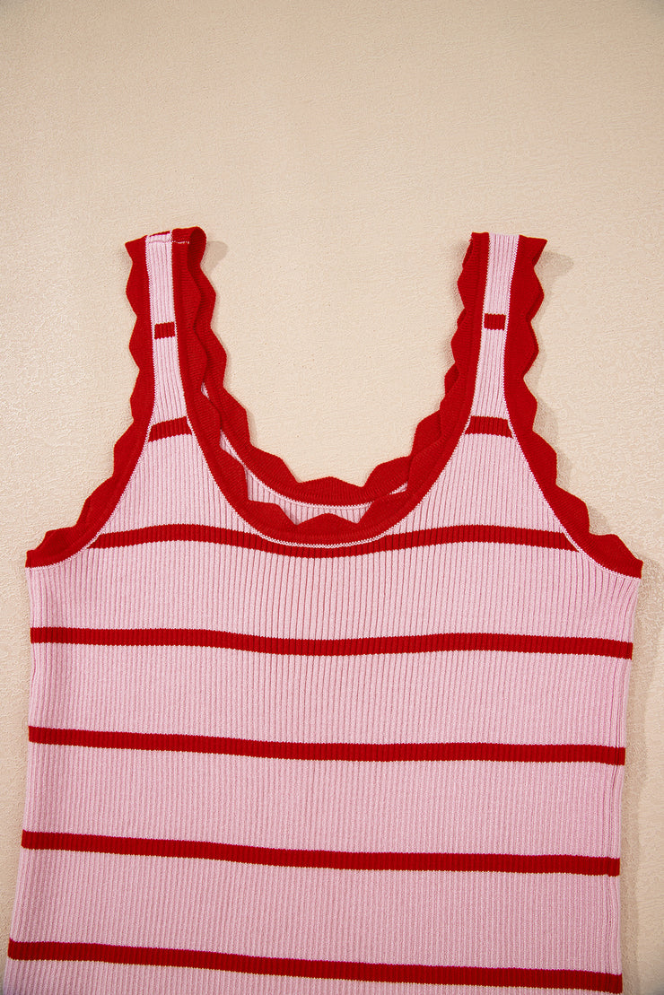 Rose Stripe Striped Scalloped Edge U Neck Sleeveless Sweater Vest