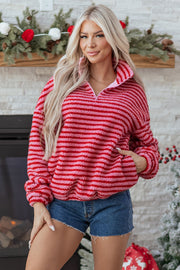 Pink Stripe Quarter Zip Fleece Oversize Sweatshirt