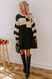 Black Stripe Two in One Knitted Top High Waist Splicing Hem Sweater Dress