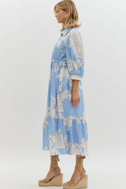 Sky Blue Floral Print Shirt Collar Button Down 3/4 Sleeve Ruffle Hem Long Dress