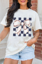 White Checkered Rugby Bowknot Graphic Crew T Shirt