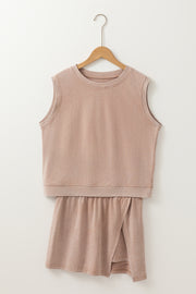 Smoke Gray 2 Pieces Mineral Wash Cotton Tank Top Lined Split Skirt Set