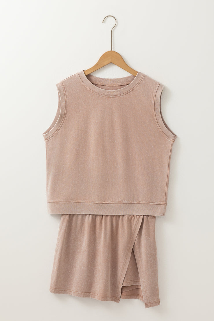 Smoke Gray 2 Pieces Mineral Wash Cotton Tank Top Lined Split Skirt Set