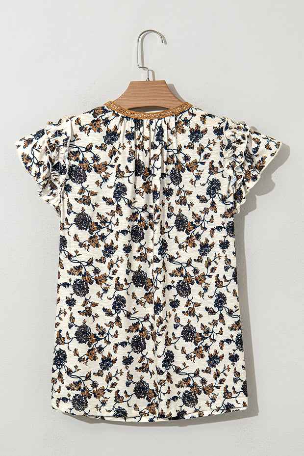 White Floral Frilly Blouse with Lace Up