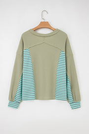 Meadow Mist Green Exposed Seam Waffle Striped Patchwork Baggy Pullover