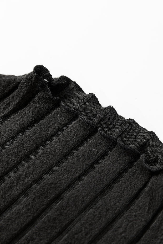 Black Ribbed Knit Slim Bodice Contrast Flared Skirt Patchwork Belted Dress