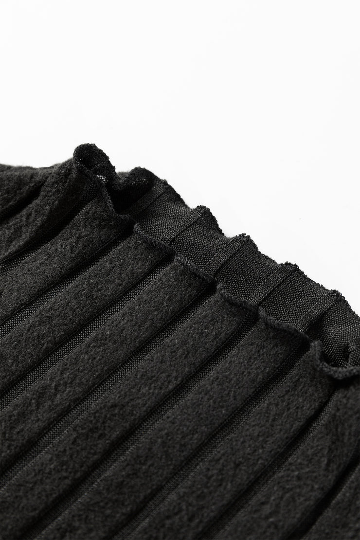 Black Ribbed Knit Slim Bodice Contrast Flared Skirt Patchwork Belted Dress