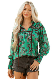 Green Leaves Print Contrast Trim V Neck Shirred Puff Sleeve Blouse