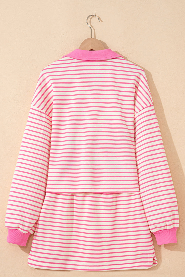 Pink Stripe Collared V Neck Drop Shoulder Pullover and Skort 2pcs Outfit