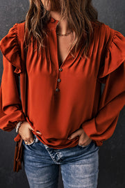 Orange Ruffled Pleated Buttoned V Neck Blouse