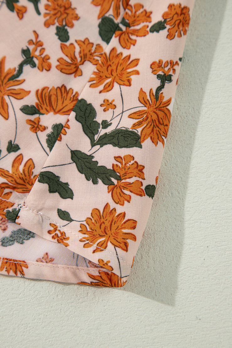 Beige Floral Deep V Neck Smocked Bust Bubble Sleeve Babydoll Dress