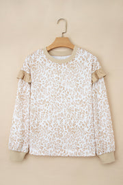 Khaki Leopard Ruffle Detail Ribbed Trim Round Neck Sweatshirt