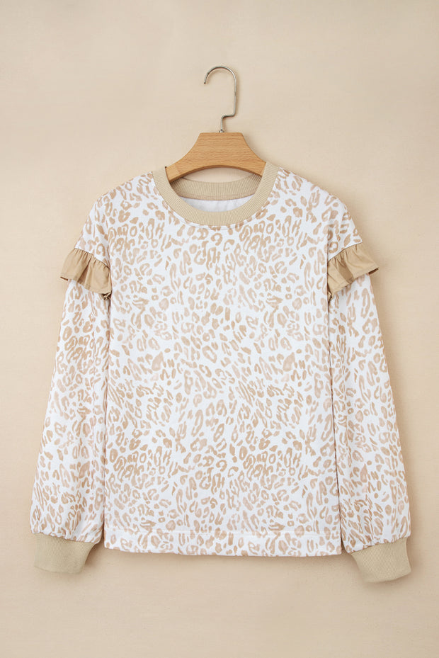 Khaki Leopard Ruffle Detail Ribbed Trim Round Neck Sweatshirt