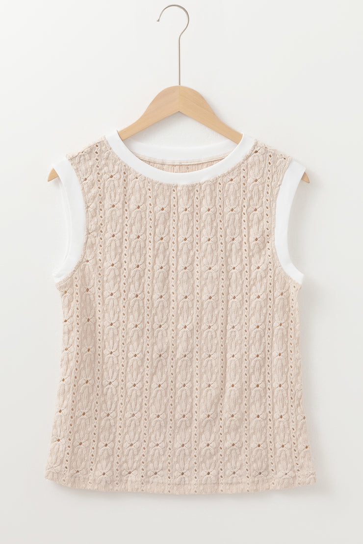 Camiseta sin mangas con cuello redondo y textura floral en color avena