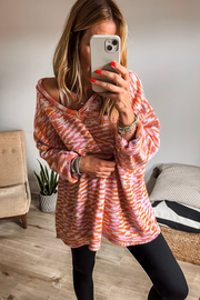 Orange Vibrant Abstract Print Drop Shoulder V Neck Tunic Oversized Sweater