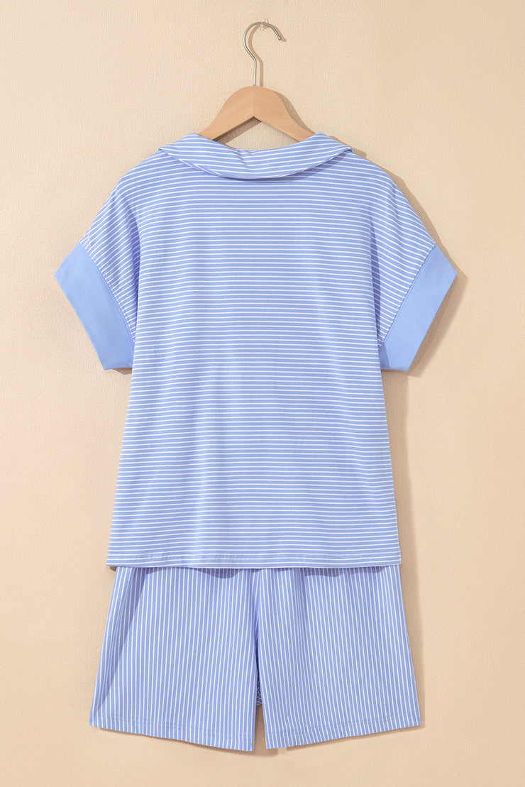 Sky Blue Stripe Dolman Sleeve Polo Shirt and Drawstring Shorts Set