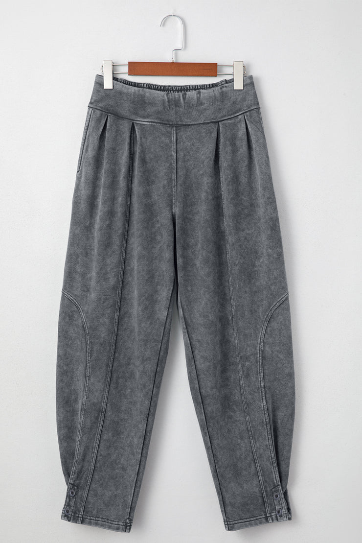 Medium Grey Mineral Wash Jogger Style High Waist Casual Pants