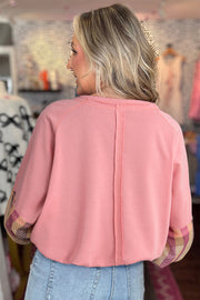 Blossom Striped Mesh Sleeve Patchwork Exposed Seam Casual Pullover Top