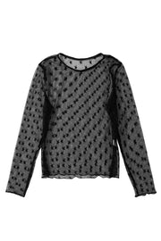 Black Star Print Mesh Sheer Slim Long Sleeve Top