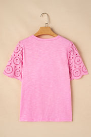 Pink Eyelet Embroidery Scalloped Sleeve Round Neck T Shirt