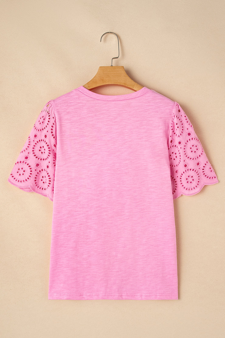 Pink Eyelet Embroidery Scalloped Sleeve Round Neck T Shirt