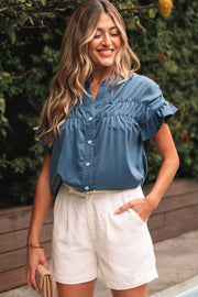 Real Teal Solid Color Ruffle Ruched Short Sleeve Buttoned Shirt