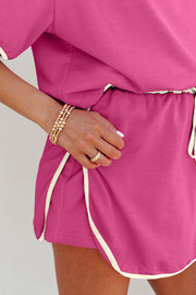 Rose Red Colorblock Edge Drop Shoulder T Shirt and Skort 2Pcs Set