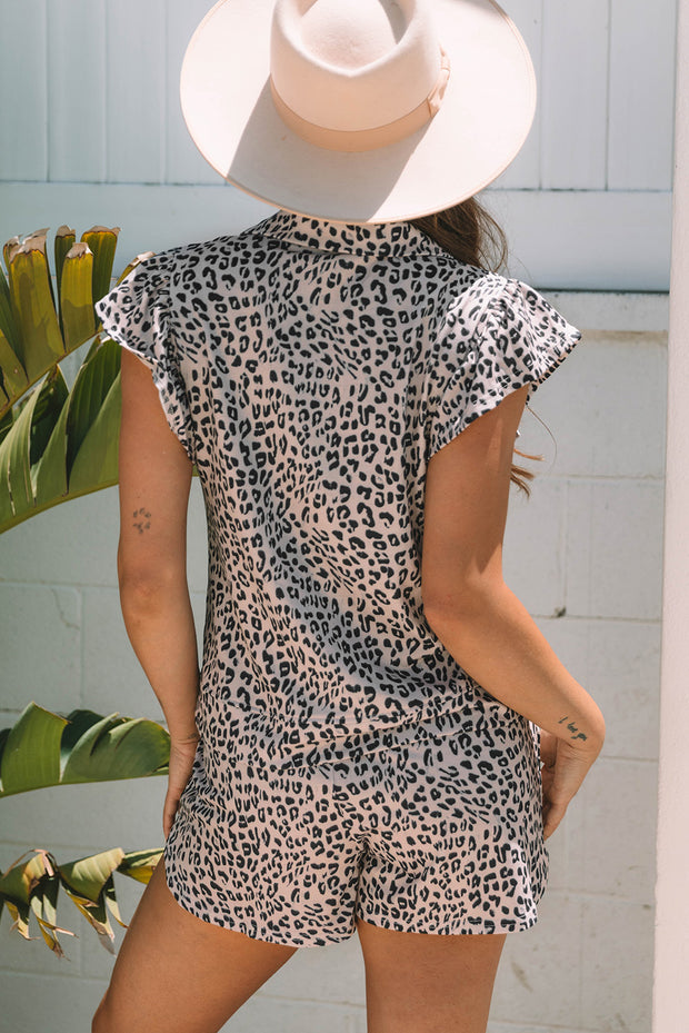 Brown Leopard Half Zipper Collared Ruffled Sleeve Top and Short Set