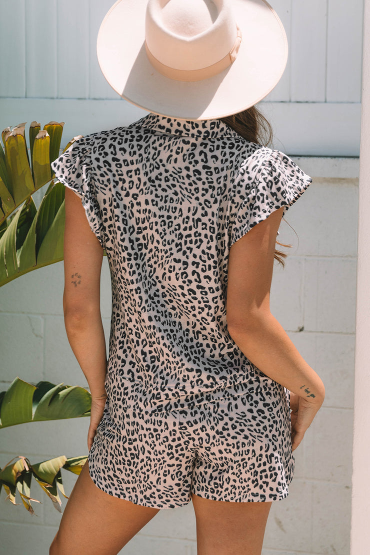 Brown Leopard Half Zipper Collared Ruffled Sleeve Top and Short Set